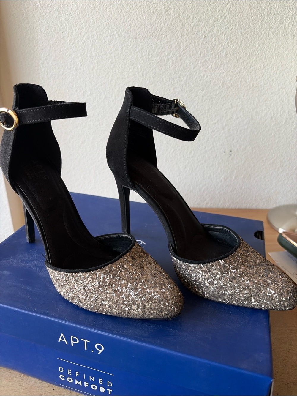 Apt. 9 Black Ankle-Strap Heels with Gold Glitter Toe